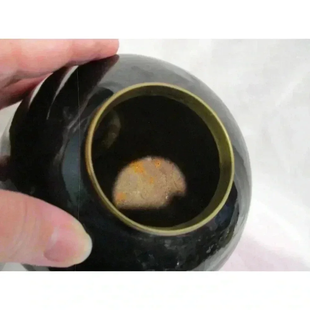 Vase, Black Lacquered Brass Vase with peacock and floral decoration‎